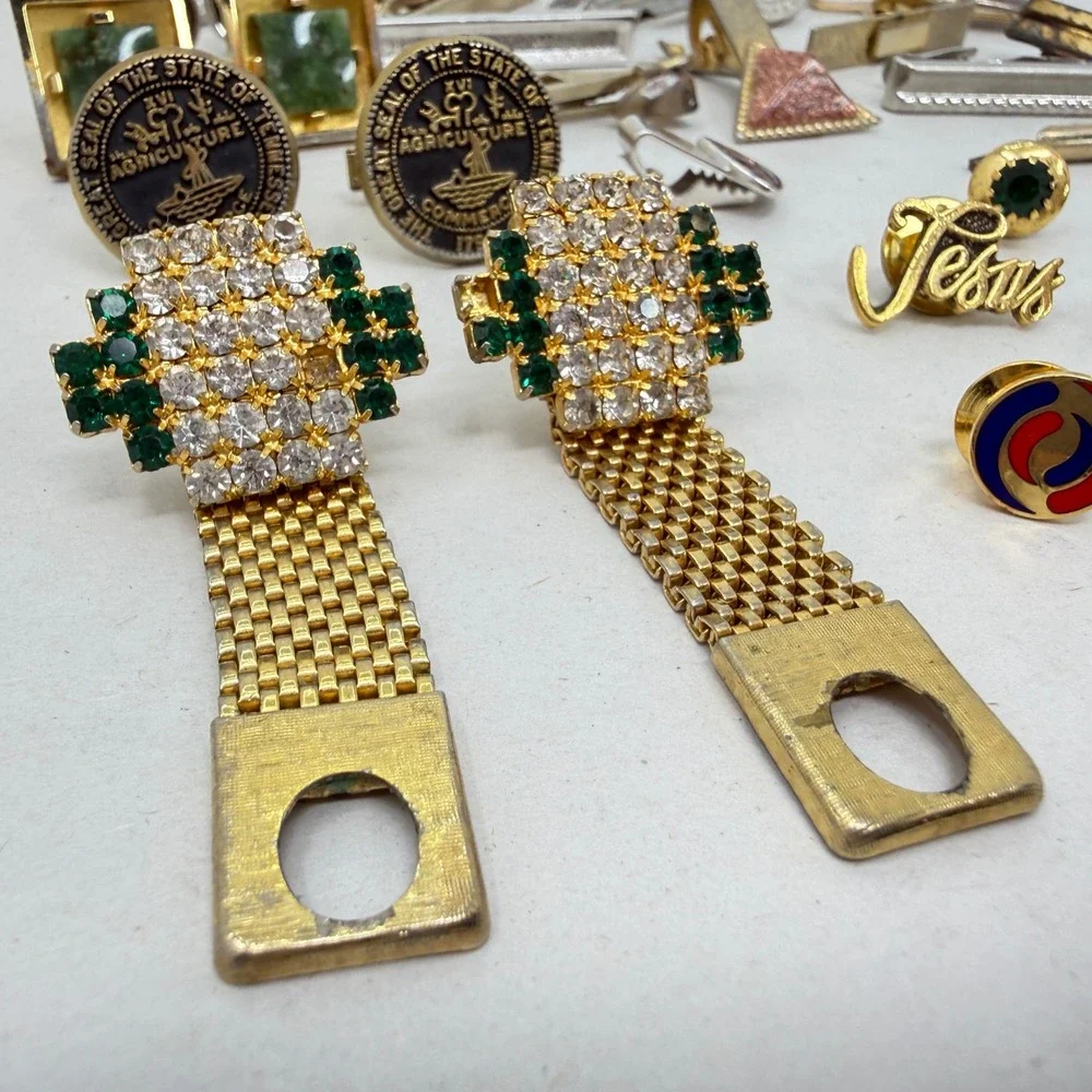 Vintage Mens Jewelry Lot of 26 Cufflinks Tie‎ Clips Pins Rhinestone Vintage